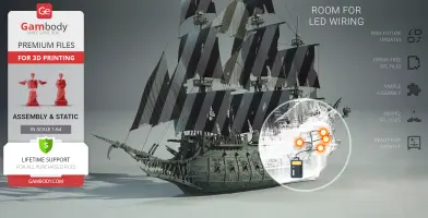 A detailed 3D model of the Flying Dutchman ship, featuring tattered sails and intricate hull design.