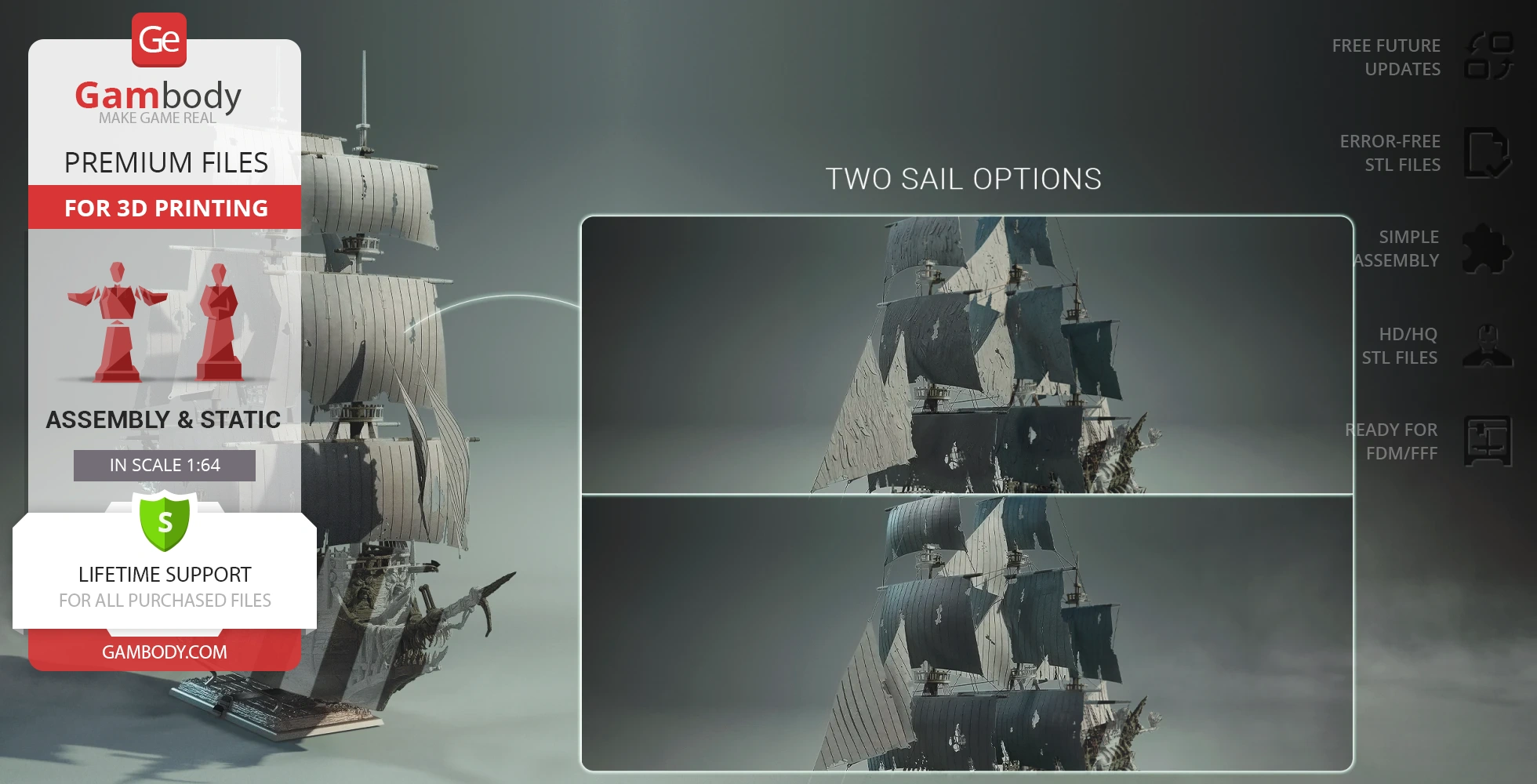 3D model of the Flying Dutchman ship with customizable sail options for 3D printing.