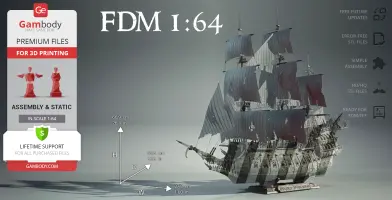 Detailed model of the Flying Dutchman ship with tattered sails for 3D printing, shown on a display stand.