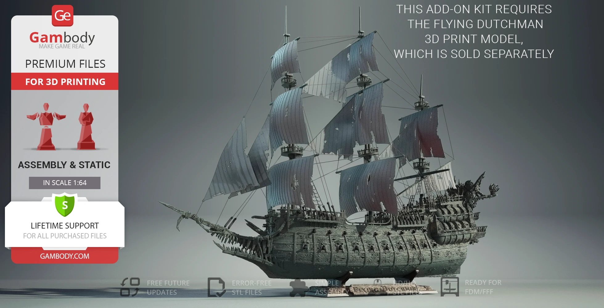 A detailed 3D model of the Flying Dutchman ship with torn sails, designed for 3D printing.