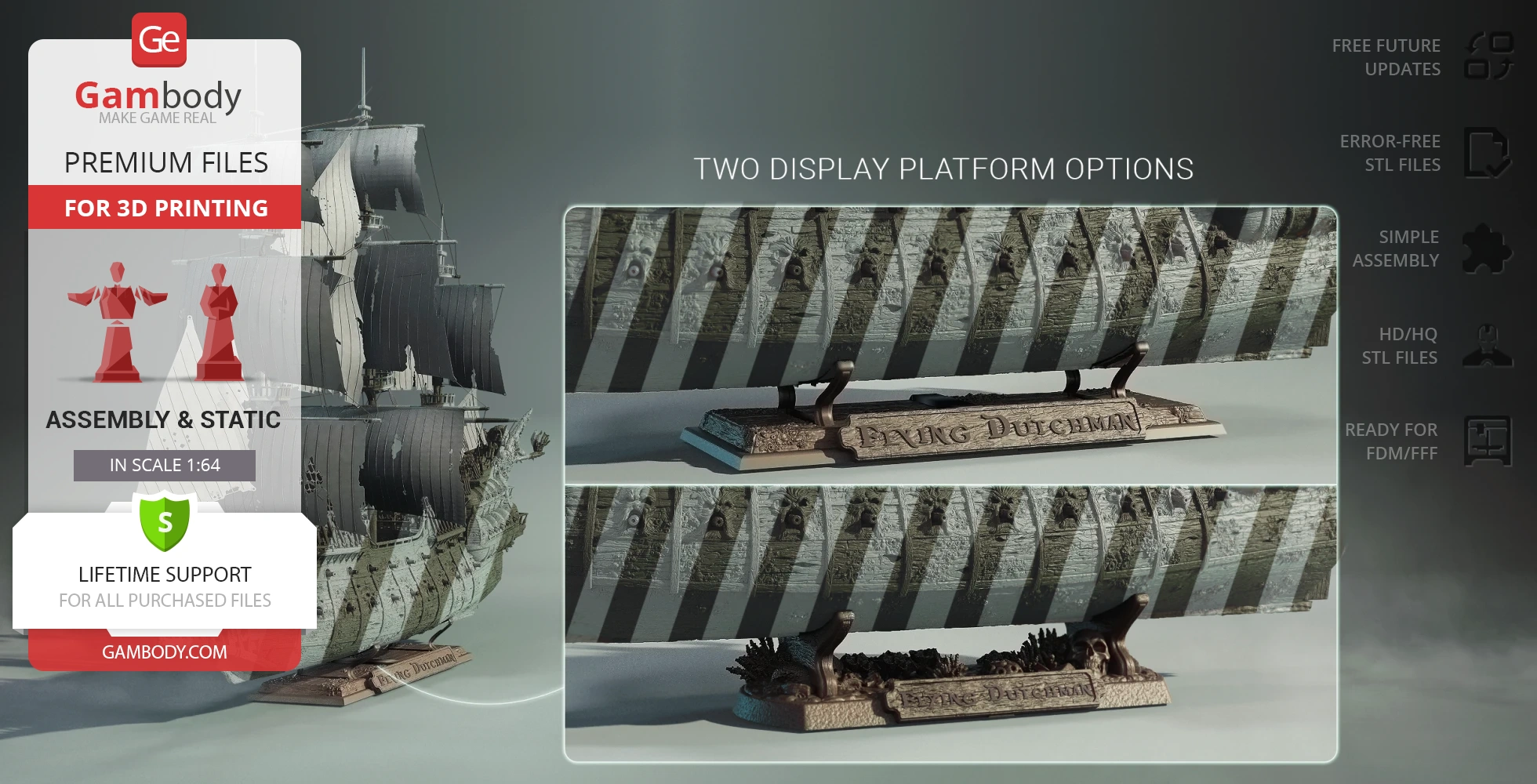 3D model of the Flying Dutchman ship with detailed sails and display platforms for 3D printing.