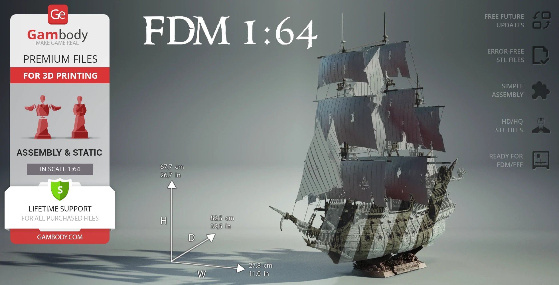 Detailed 3D model of a ship with tattered sails displayed alongside print specifications and features.