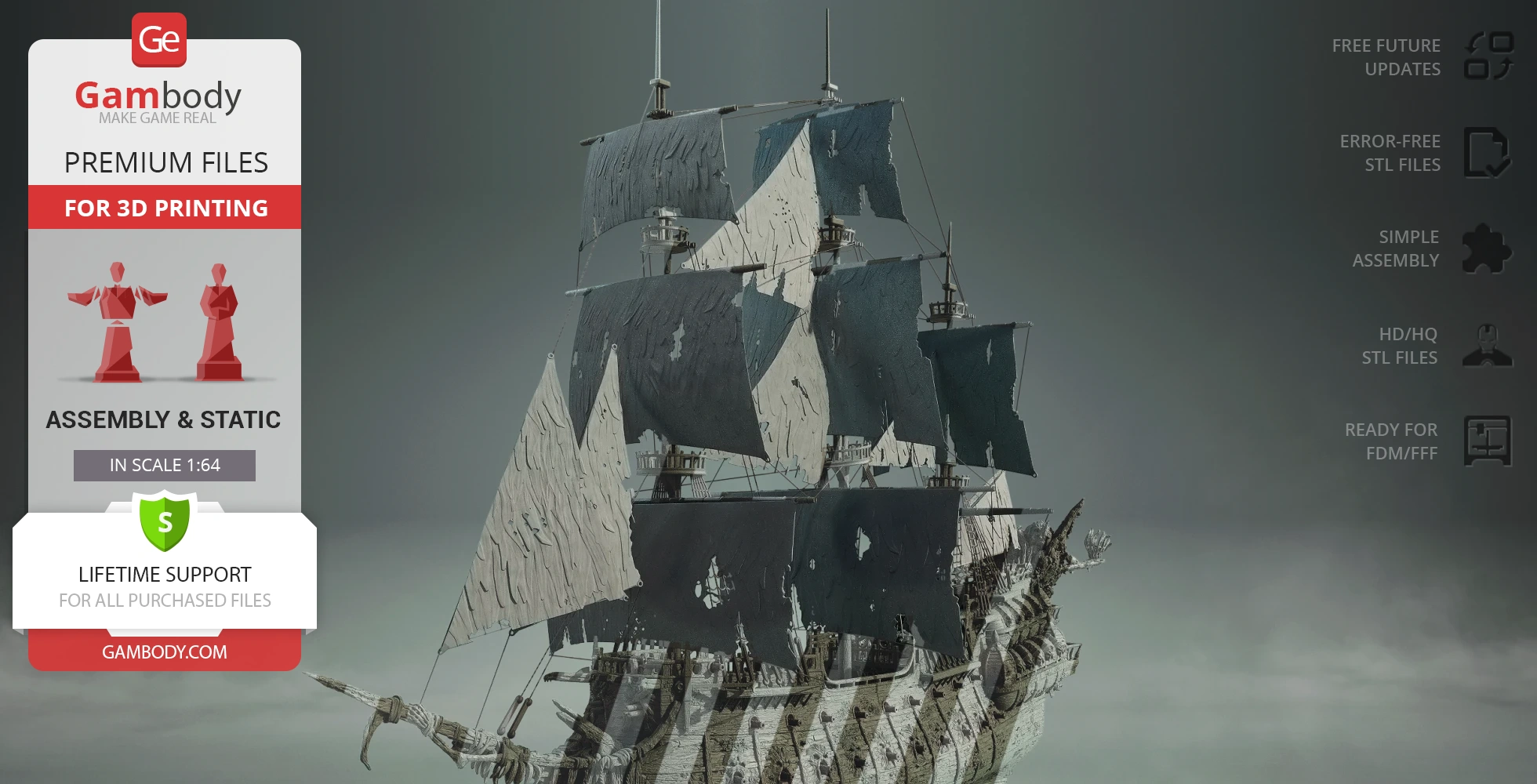 A detailed 3D model of the Flying Dutchman sailing ship with worn sails, ready for 3D printing.