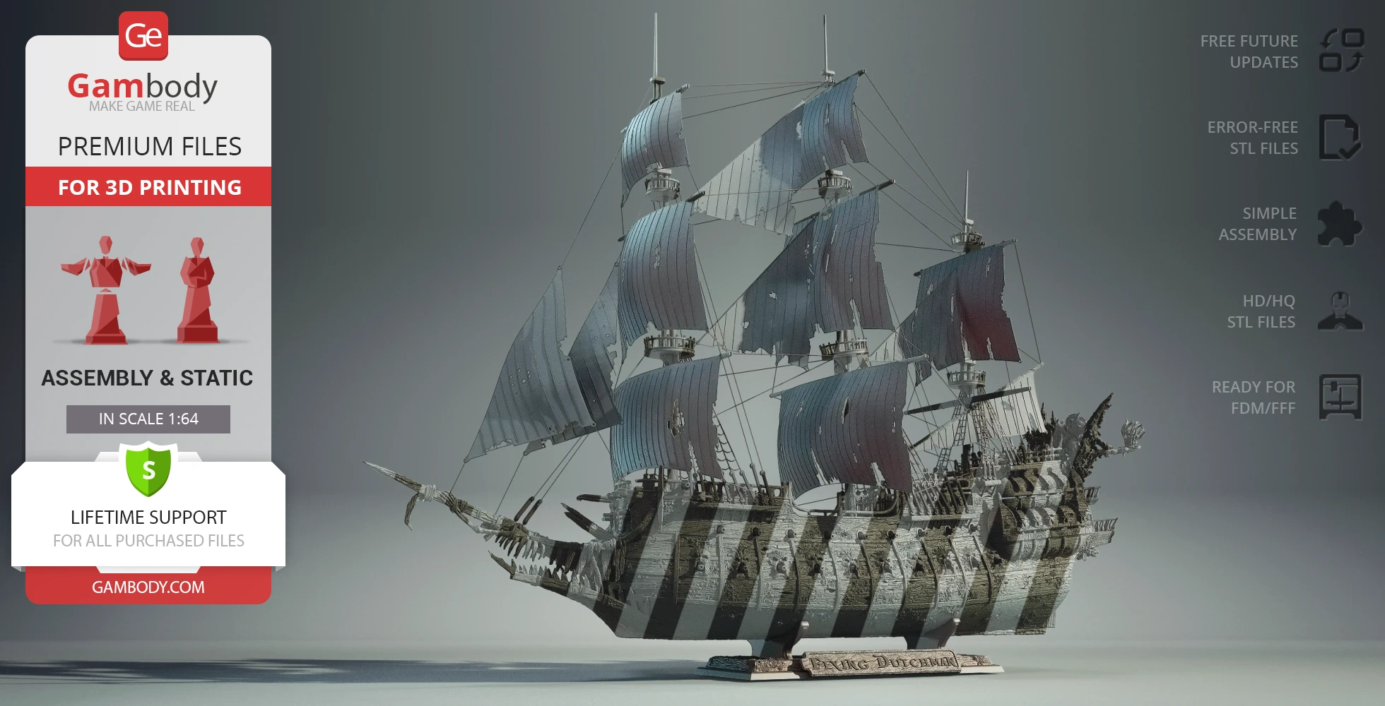 A detailed 3D model of the Flying Dutchman ship with tattered sails, shown on a display stand.