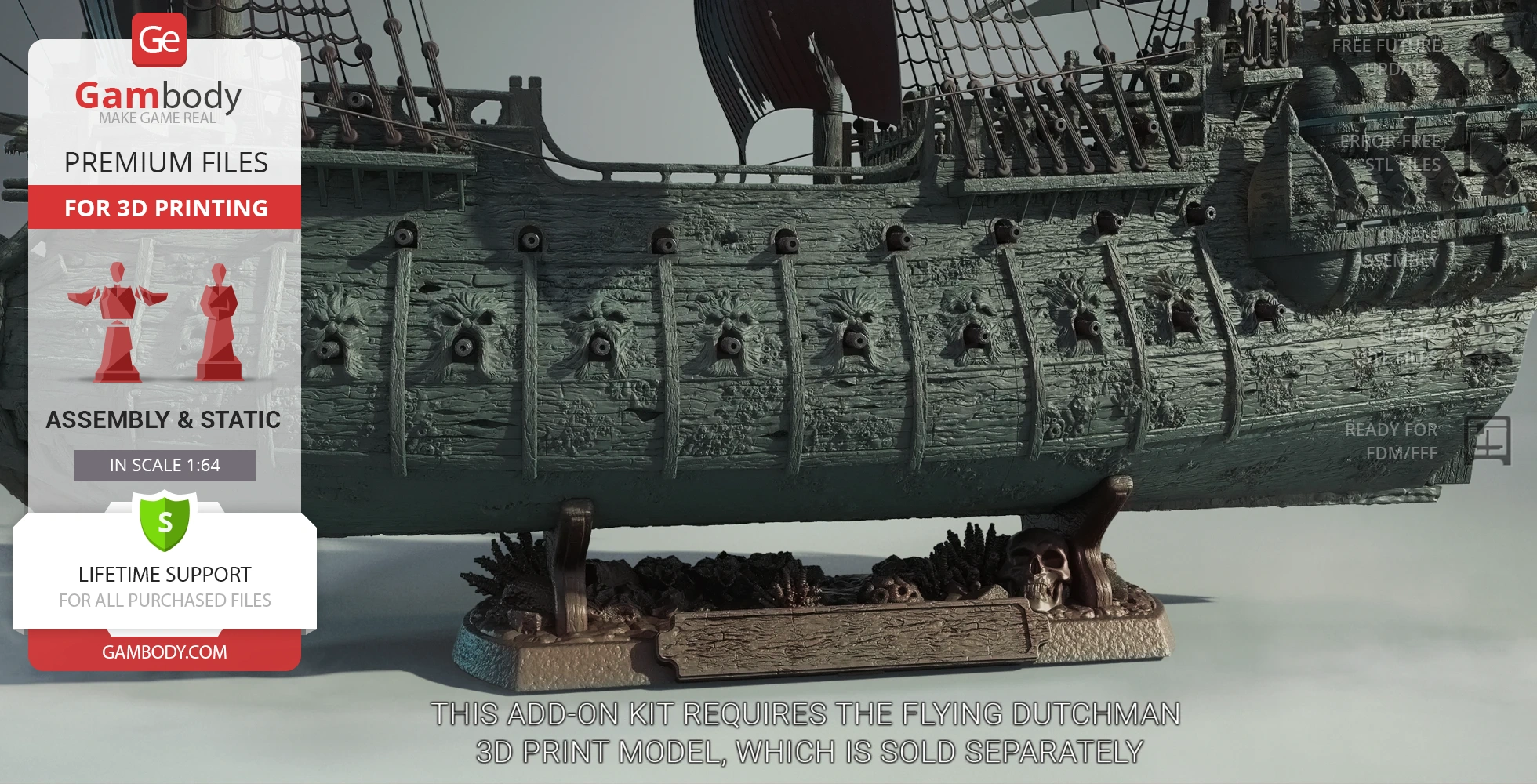 Detailed 3D model of the Flying Dutchman ship with sails, displayed for 3D printing on Gambody.