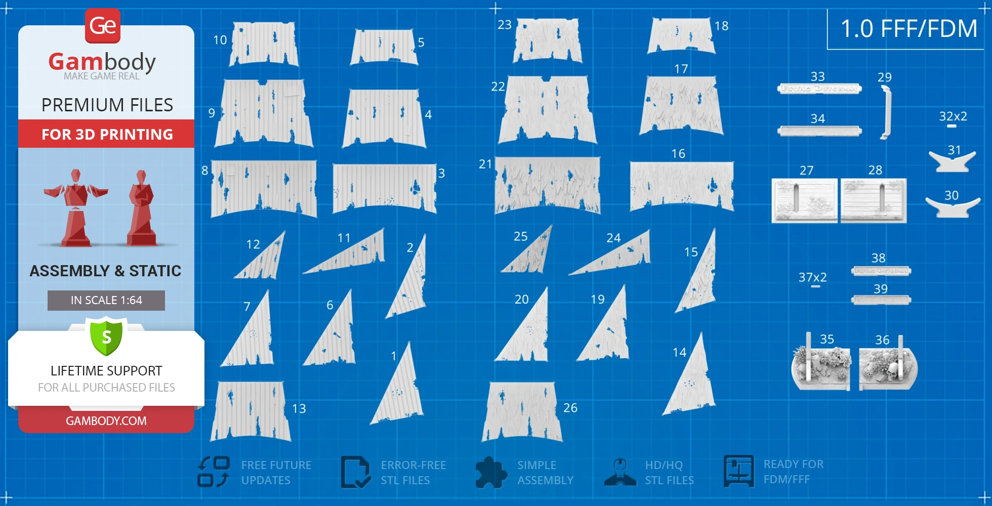 3D printed sails and display pieces for Flying Dutchman ship model, shown on a blue grid layout.
