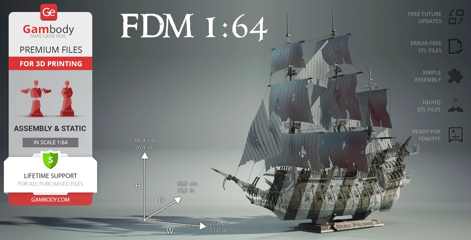 Detailed model of the Flying Dutchman ship with tattered sails for 3D printing, shown on a display stand.