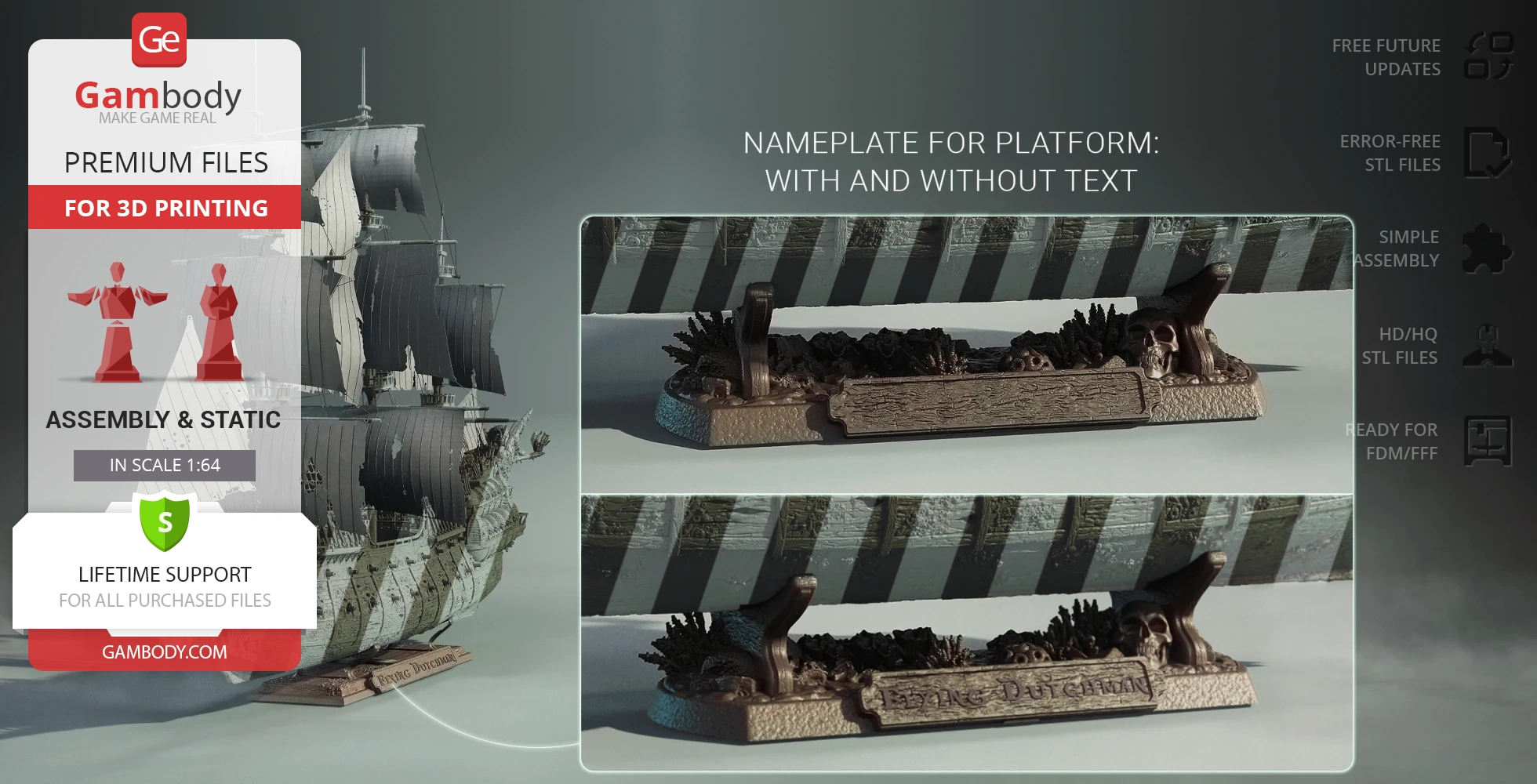 3D model set: Flying Dutchman ship with detailed display base, nameplate, and sails for 3D printing.