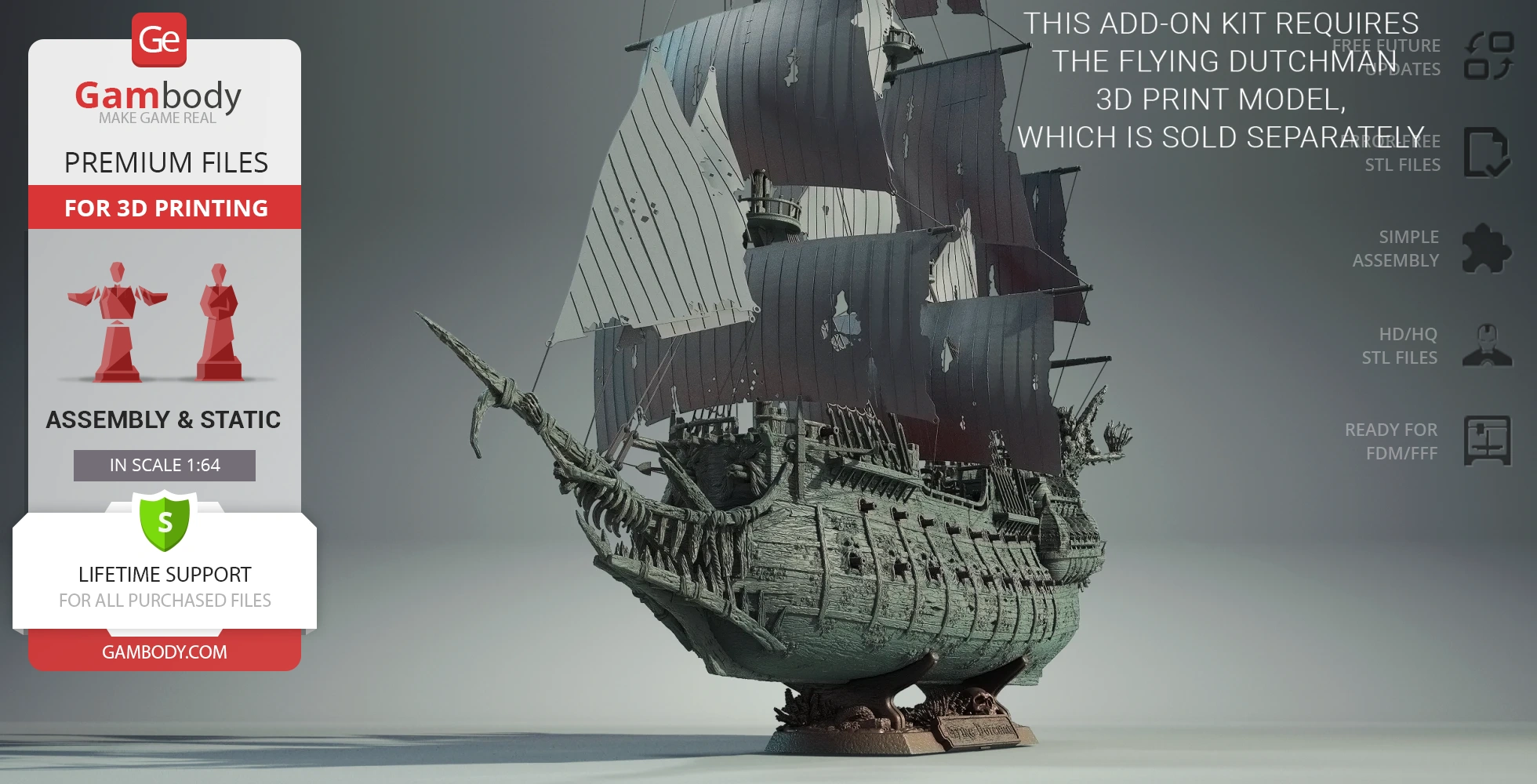 Detailed 3D model of the Flying Dutchman ship with tattered sails, ready for 3D printing.