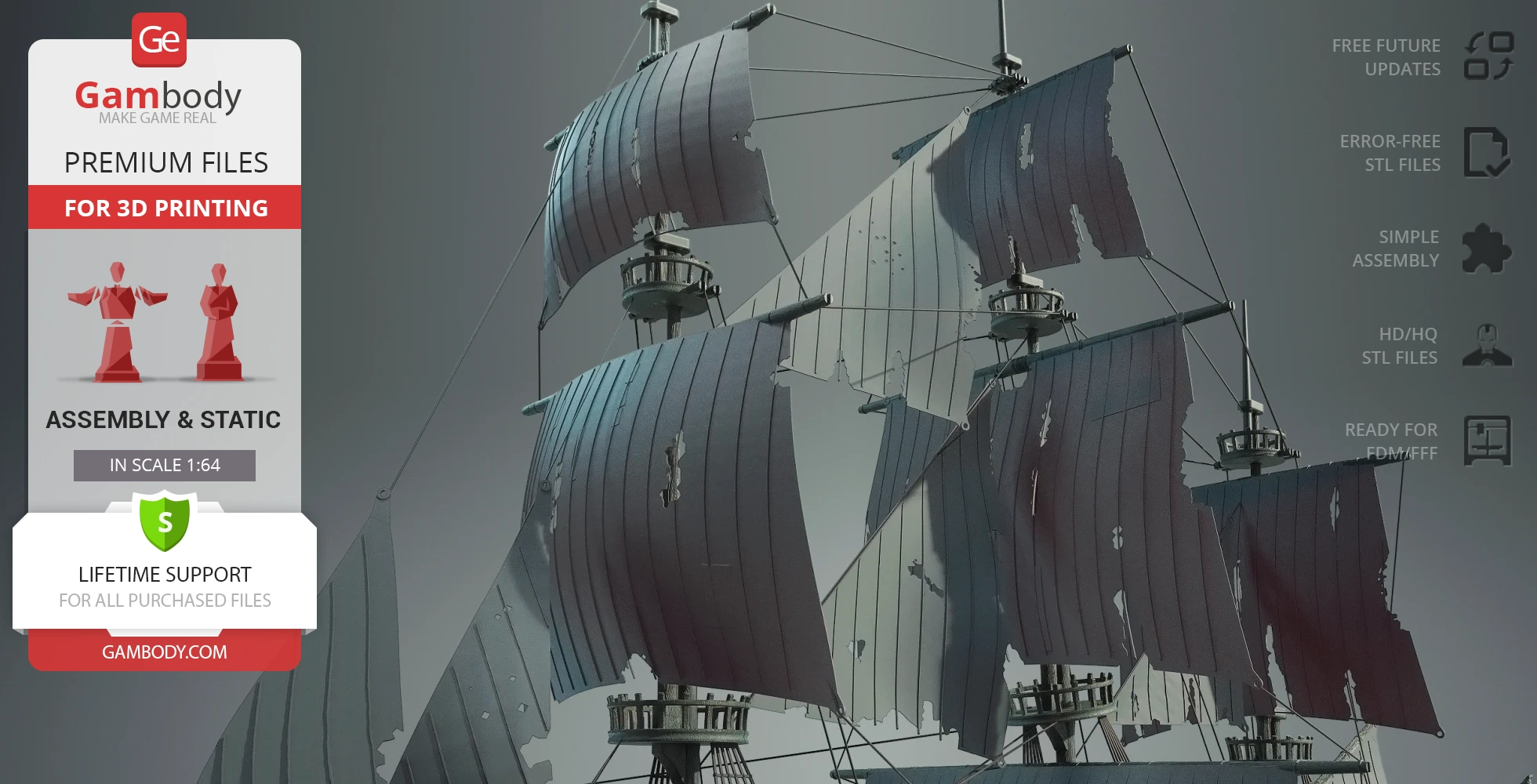 Model of the Flying Dutchman's torn sails on ship masts, designed for 3D printing.