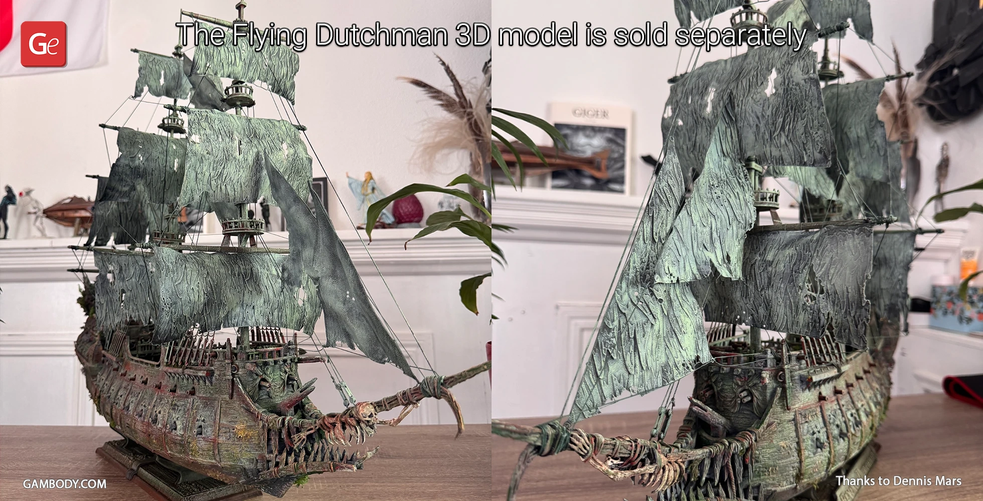 Detailed 3D model of the Flying Dutchman ship with weathered sails for display.