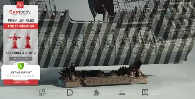 Detailed 3D model of Flying Dutchman ship with sails and display base for 3D printing.
