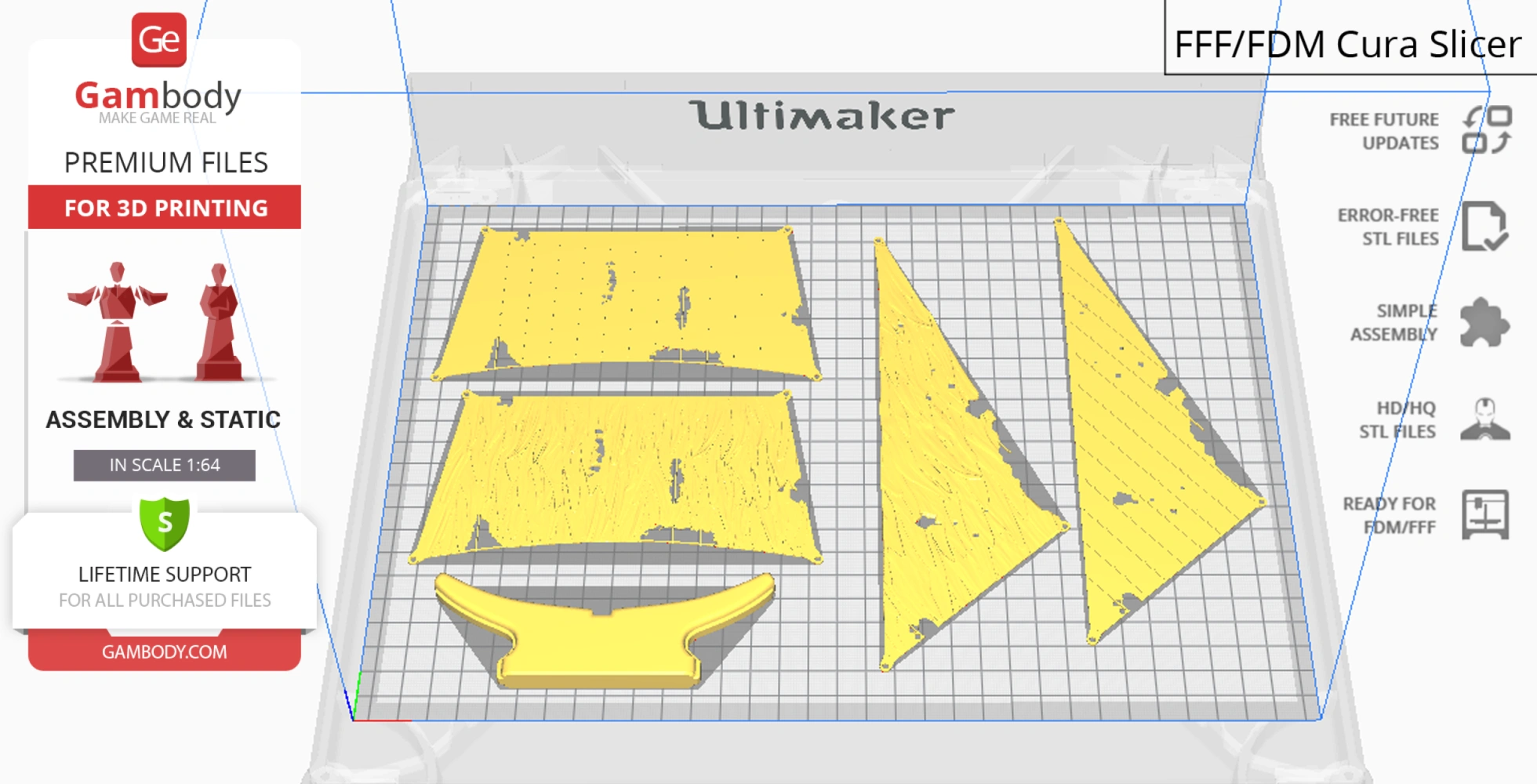 3D print layout of Flying Dutchman ship sails and display, shown in Cura slicer software.