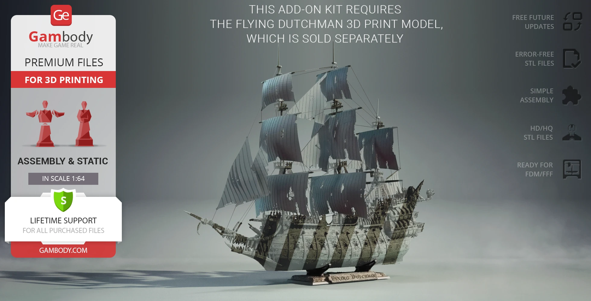 A detailed model of the Flying Dutchman ship with sails, ready for 3D printing display.