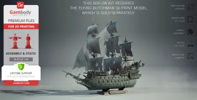 Detailed 3D model of the Flying Dutchman ship with tattered sails, displayed on a stand.