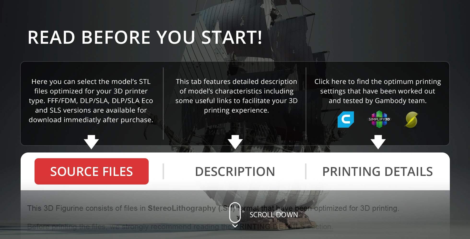 Menu for Flying Dutchman 3D model source files, description, and printing details.