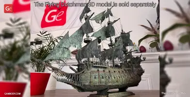 A detailed 3D model of the Flying Dutchman ship with tattered sails and ornate detailing on a display base.