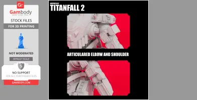 3D model showcasing an articulated robot elbow and shoulder inspired by Titanfall 2, against a red background.