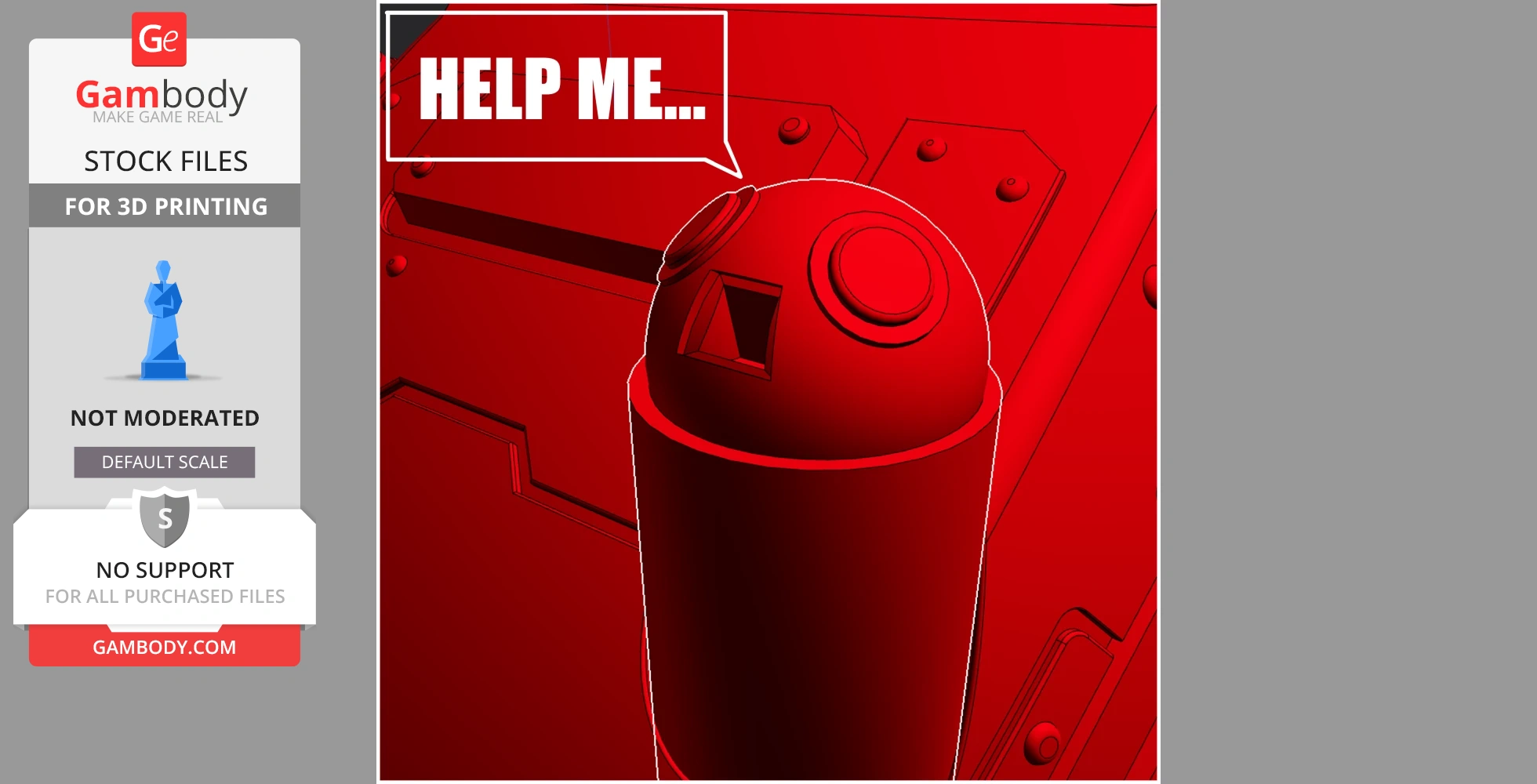 Red 3D rendering of a mechanical component with a speech bubble saying 'HELP ME...' above it.