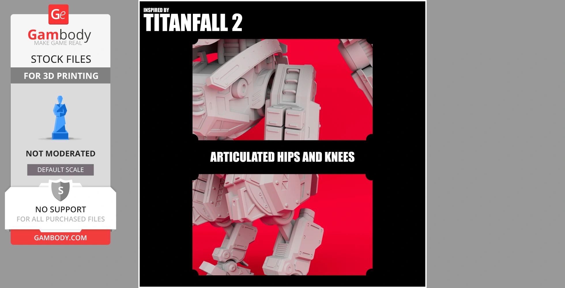 3D model of a Titan-inspired mech with articulated hips and knees for printing, on red background.