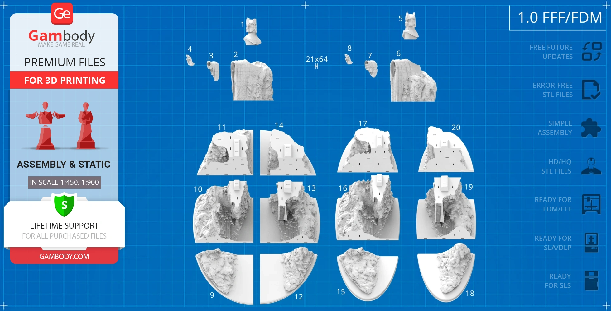 3D printable parts of Argonath statues from LOTR, displayed on blueprint background for assembly.