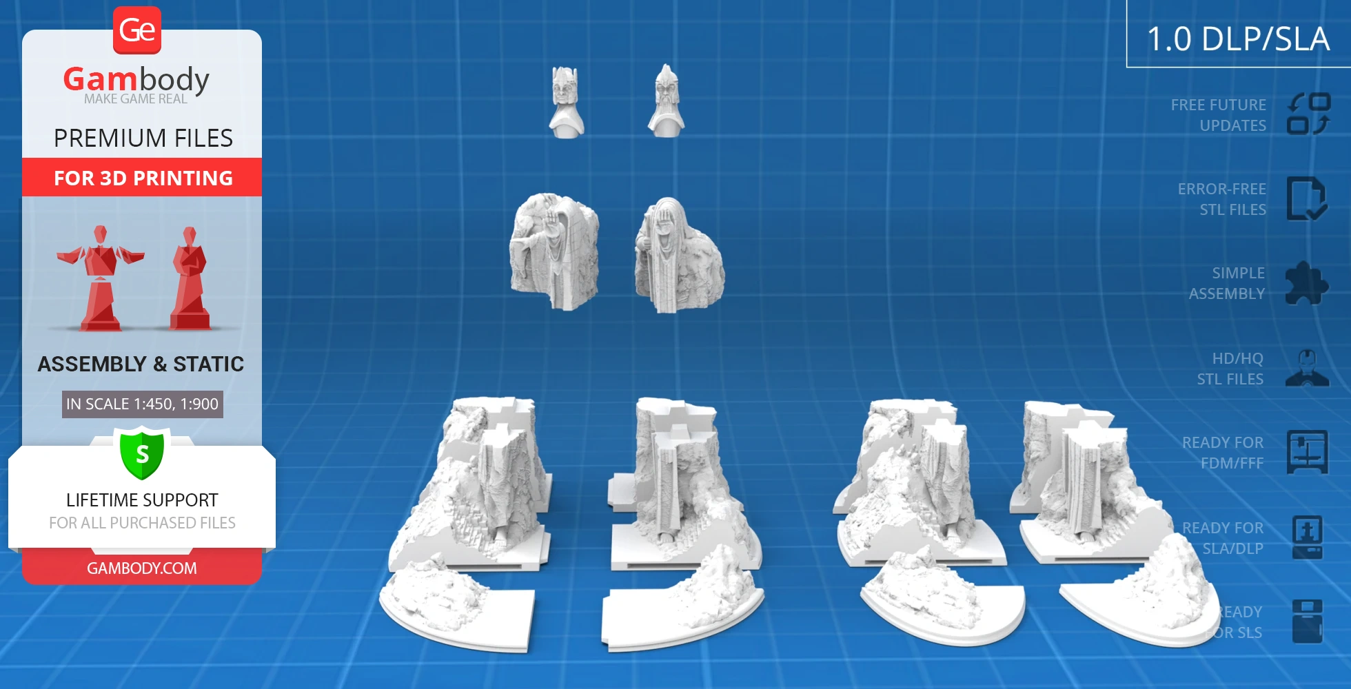 3D printable Argonath statue models from LOTR, showing assembly parts and bases on a blue grid background.