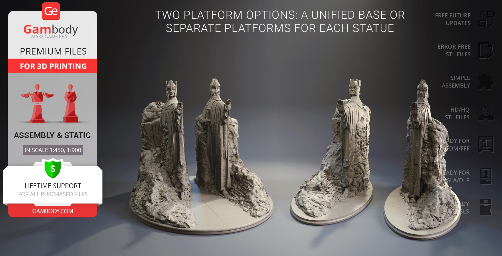 Two detailed 3D-printed Argonath statues on separate bases, inspired by LOTR, shown assembled.