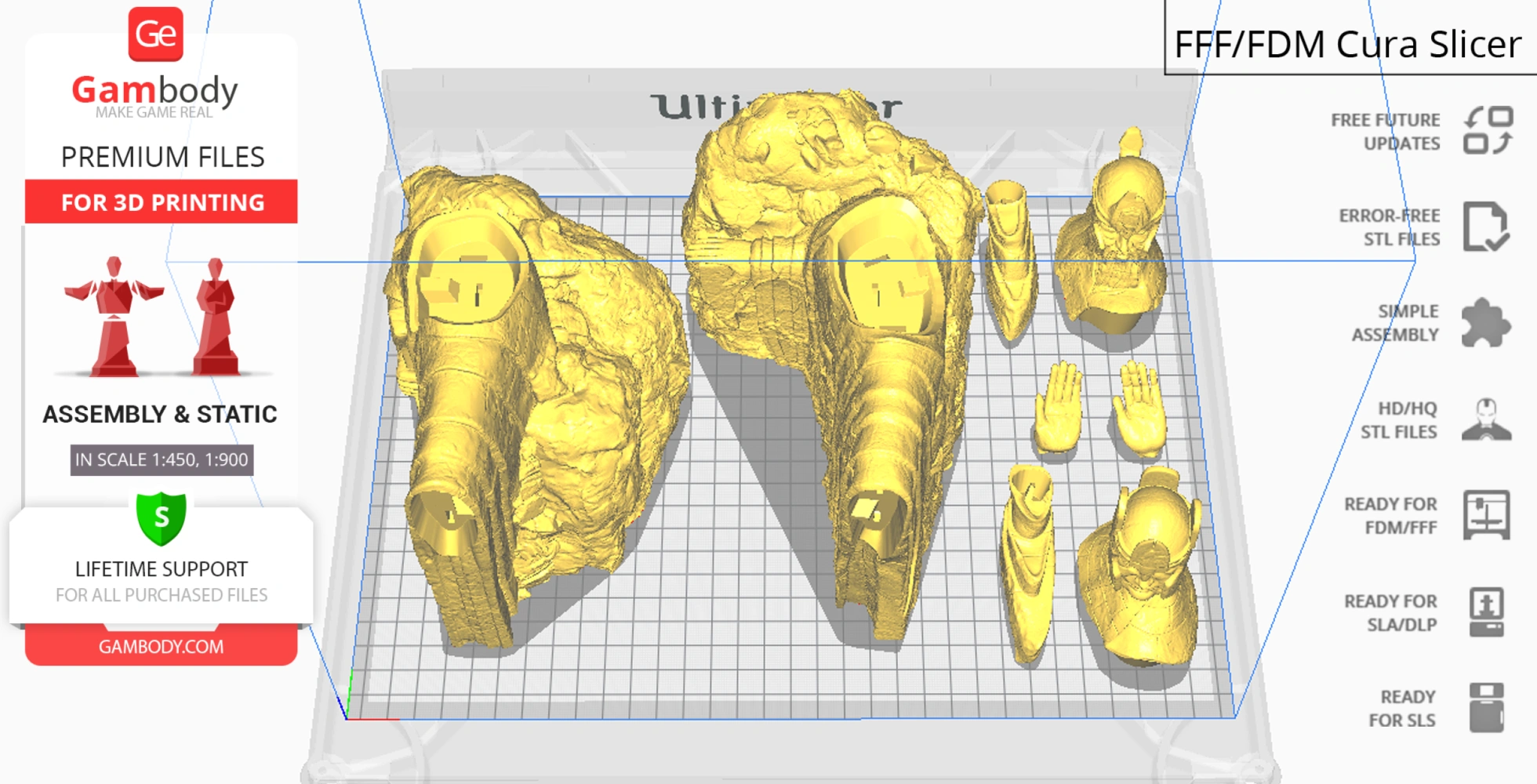 3D model of Argonath statues, split into parts for printing, displayed in Cura slicer software.