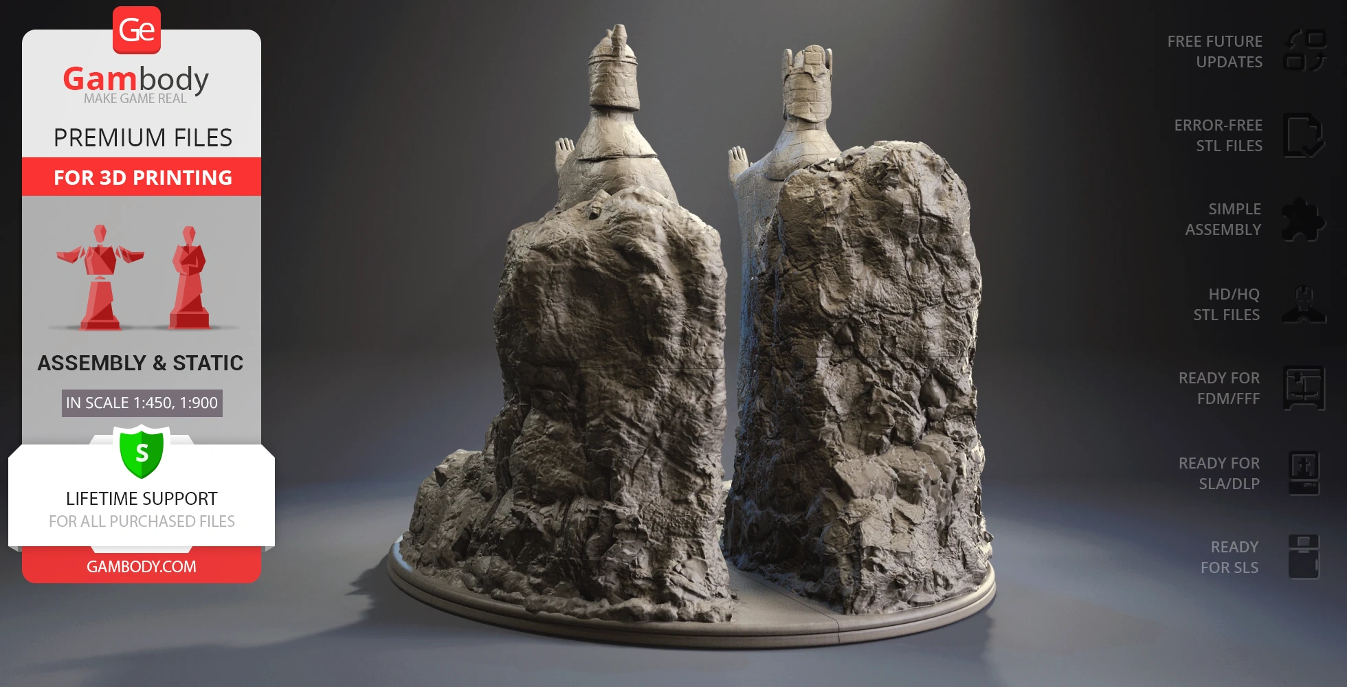 Two monumental stone statues with raised arms from LOTR, displayed for 3D printing by Gambody.