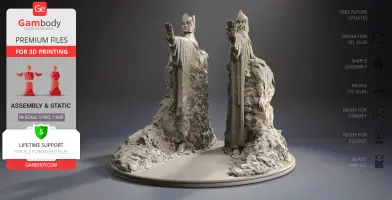 Two detailed stone statues from LOTR with outstretched arms, set on a circular base for 3D printing.