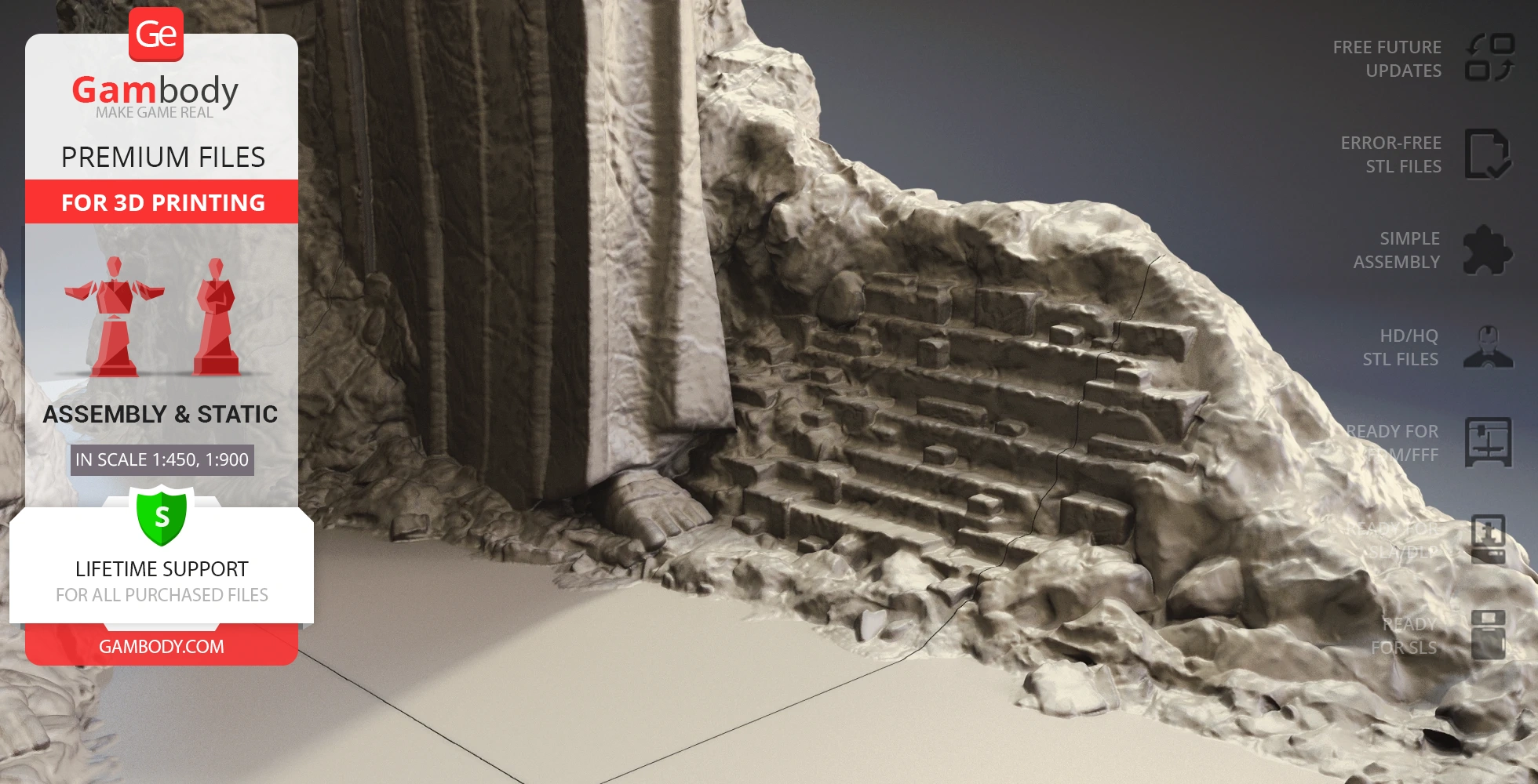 Stone statues and rocky terrain from LOTR, designed for 3D printing by Gambody.