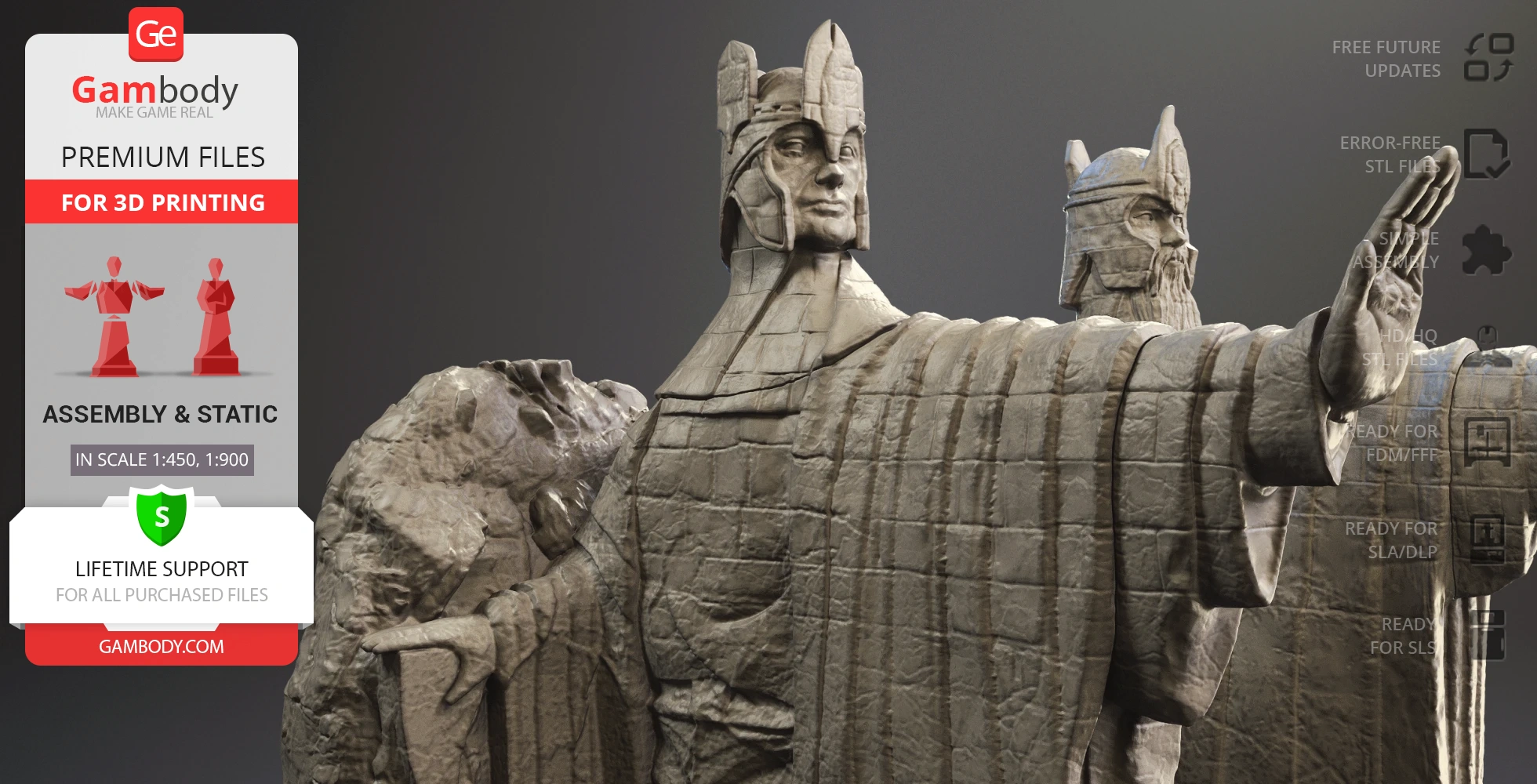 Stone statues from LOTR with outstretched arms, ready for 3D printing, displayed on Gambody platform.
