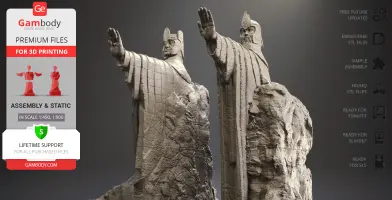Two monumental stone statues with raised arms, inspired by the Argonath from LOTR, ready for 3D printing.
