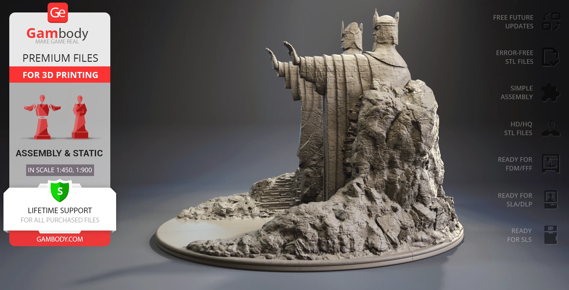 Stone statues of two robed figures extending arms, from Lord of the Rings, set against a rocky base.