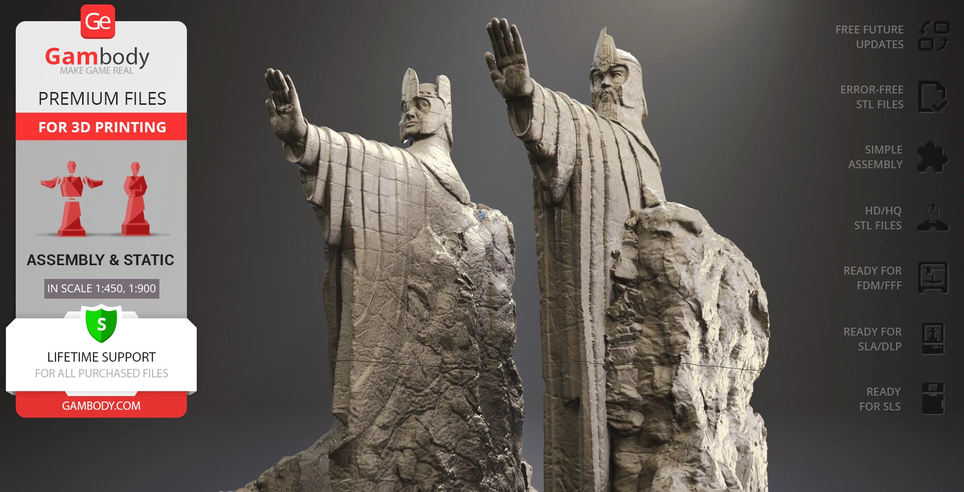 Two monumental stone statues with raised arms, inspired by the Argonath from LOTR, ready for 3D printing.