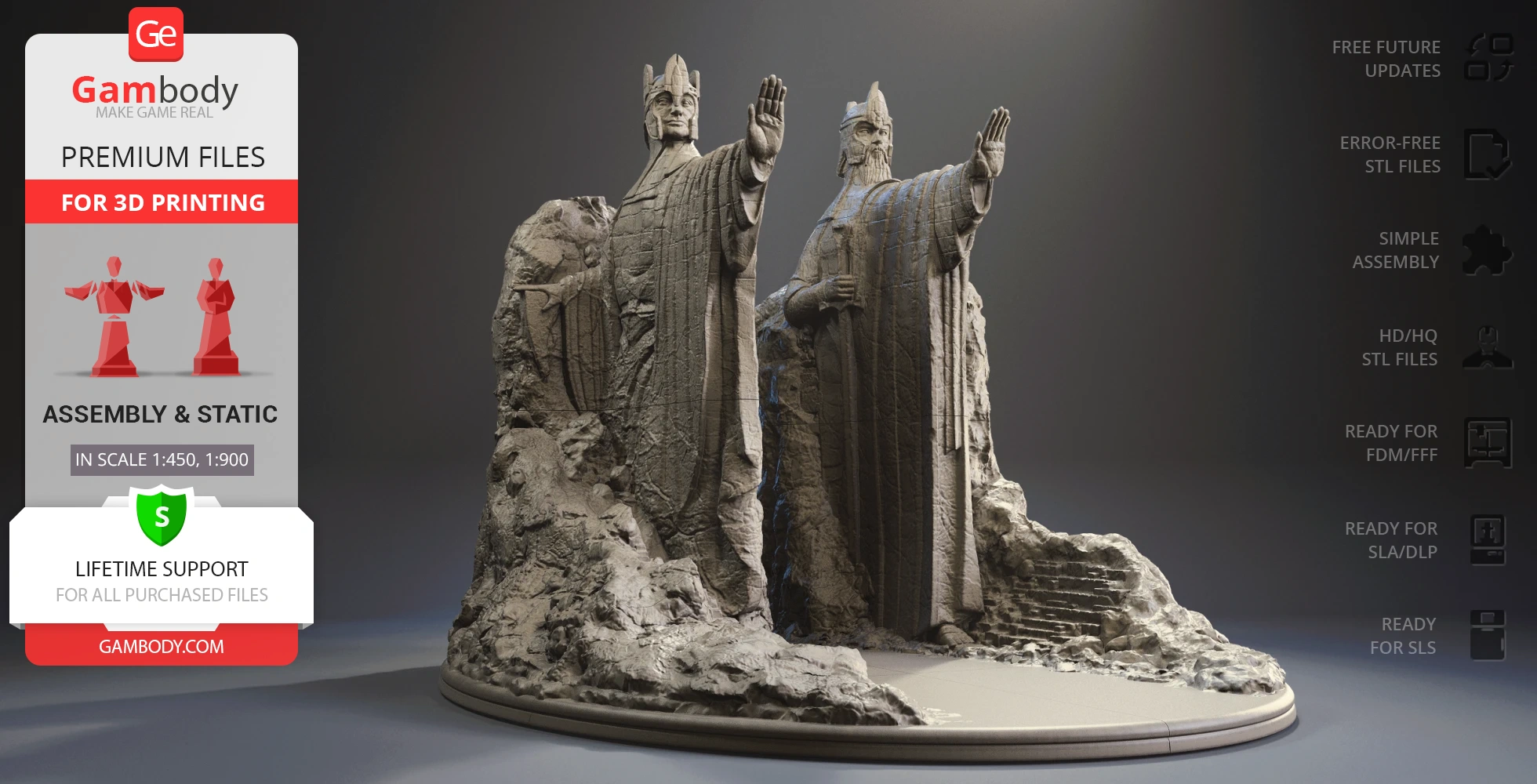 Two detailed statues from LOTR, raised hands, rocky base, ready for 3D printing assembly.