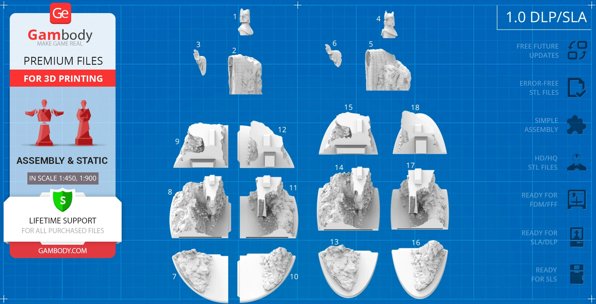 Blueprint with numbered 3D model pieces of Argonath statues for assembly and 3D printing.