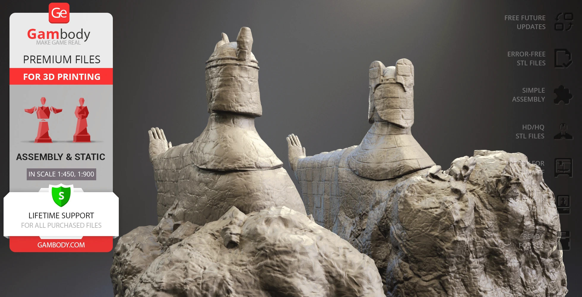 Two large stone statues on rocky pedestals, with outstretched arms, iconic from LOTR.
