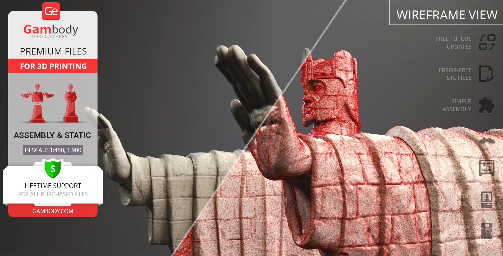Stone statue with extended arm, split view showing color and wireframe details, from LOTR for 3D printing.