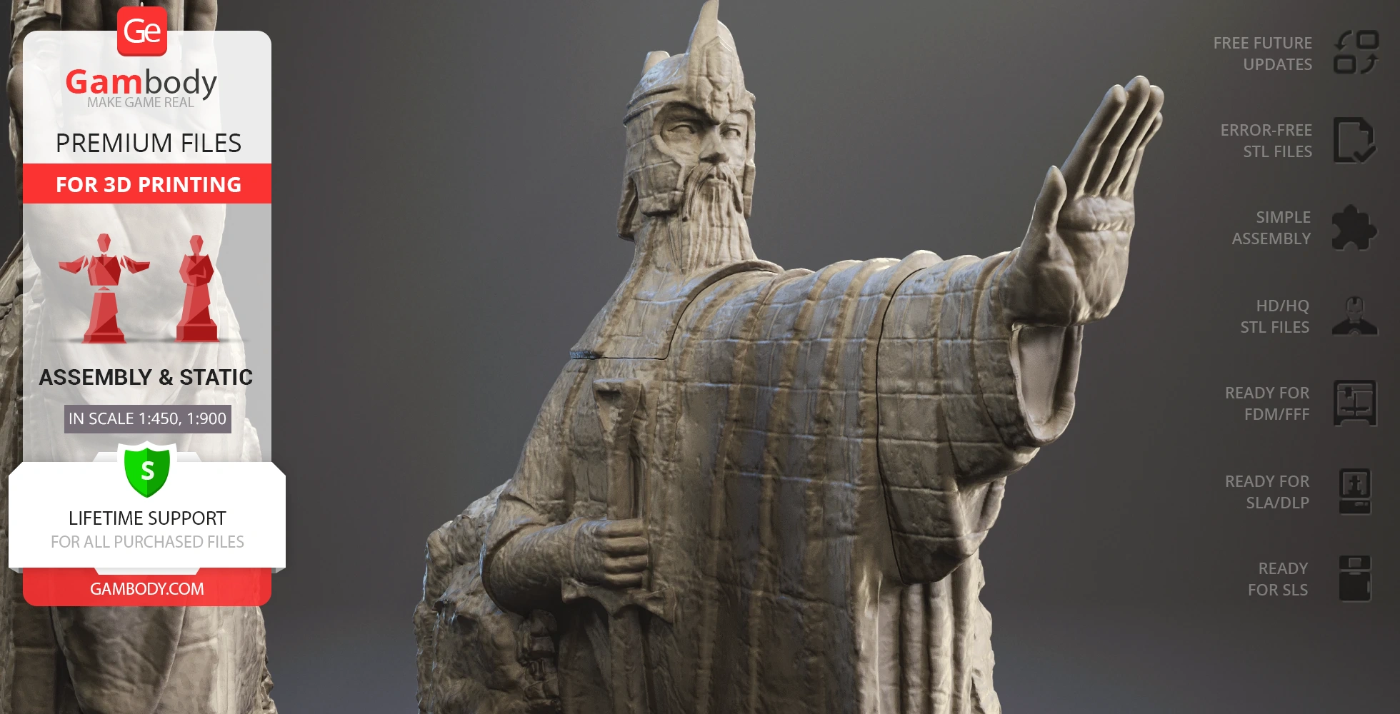 Stone statue of a robed figure with a crown and raised hand, designed for 3D printing from Lord of the Rings.