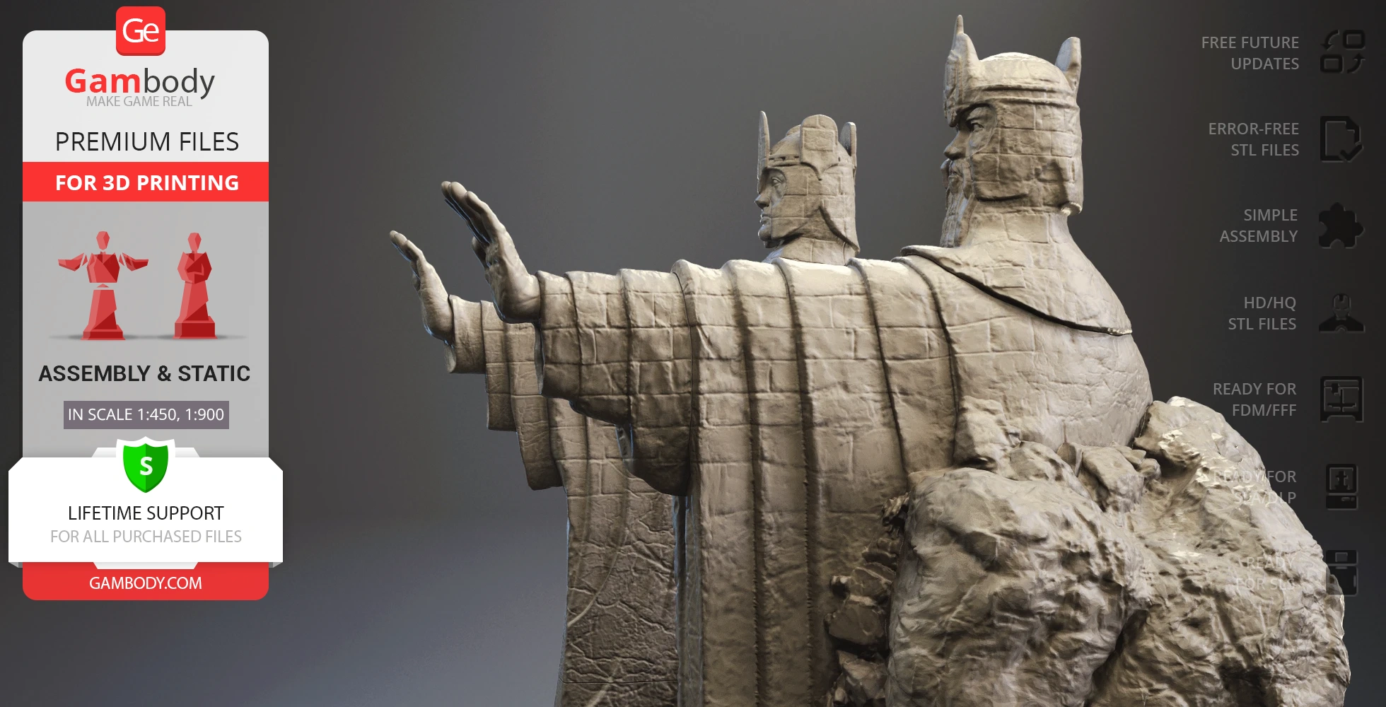 Two detailed stone statues in robes and helmets, with outstretched arms, from Lord of the Rings.