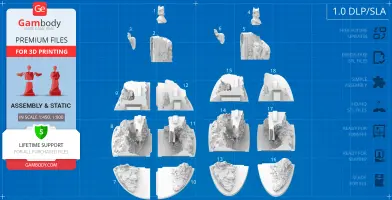 Blueprint with numbered 3D model pieces of Argonath statues for assembly and 3D printing.