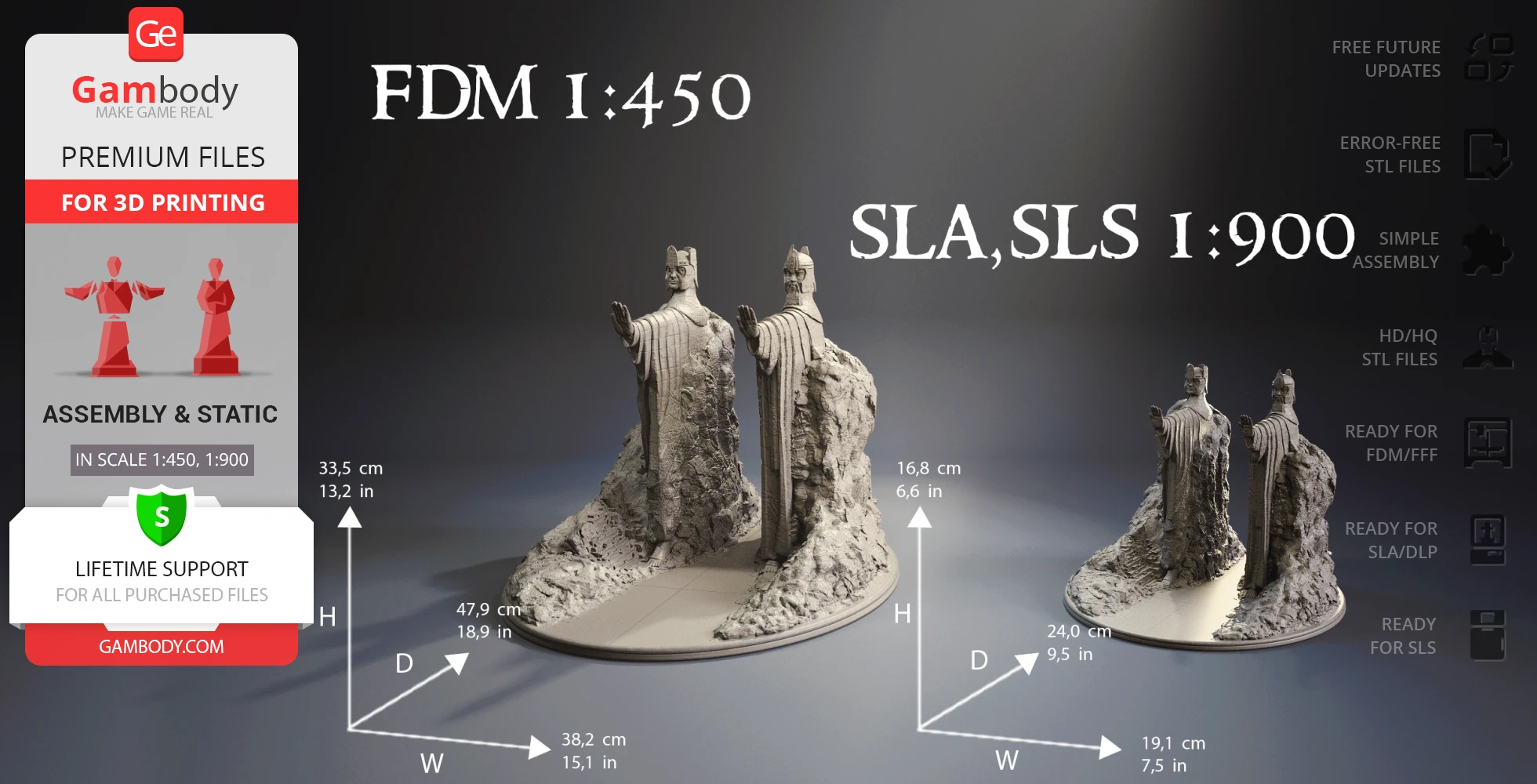 Two detailed Argonath statues from LOTR set on rocky bases, designed for 3D printing at two scales.