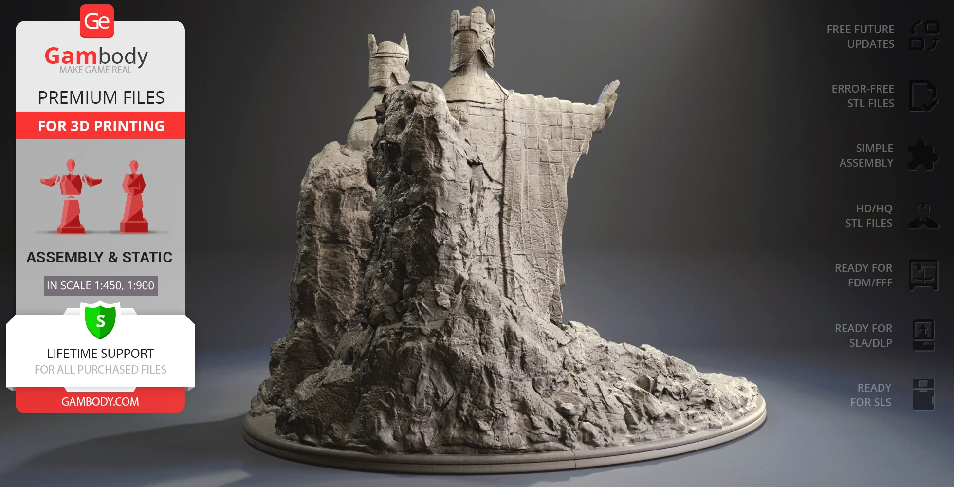 Two colossal statues with outstretched arms, resembling LOTR Argonath, on a rocky base.