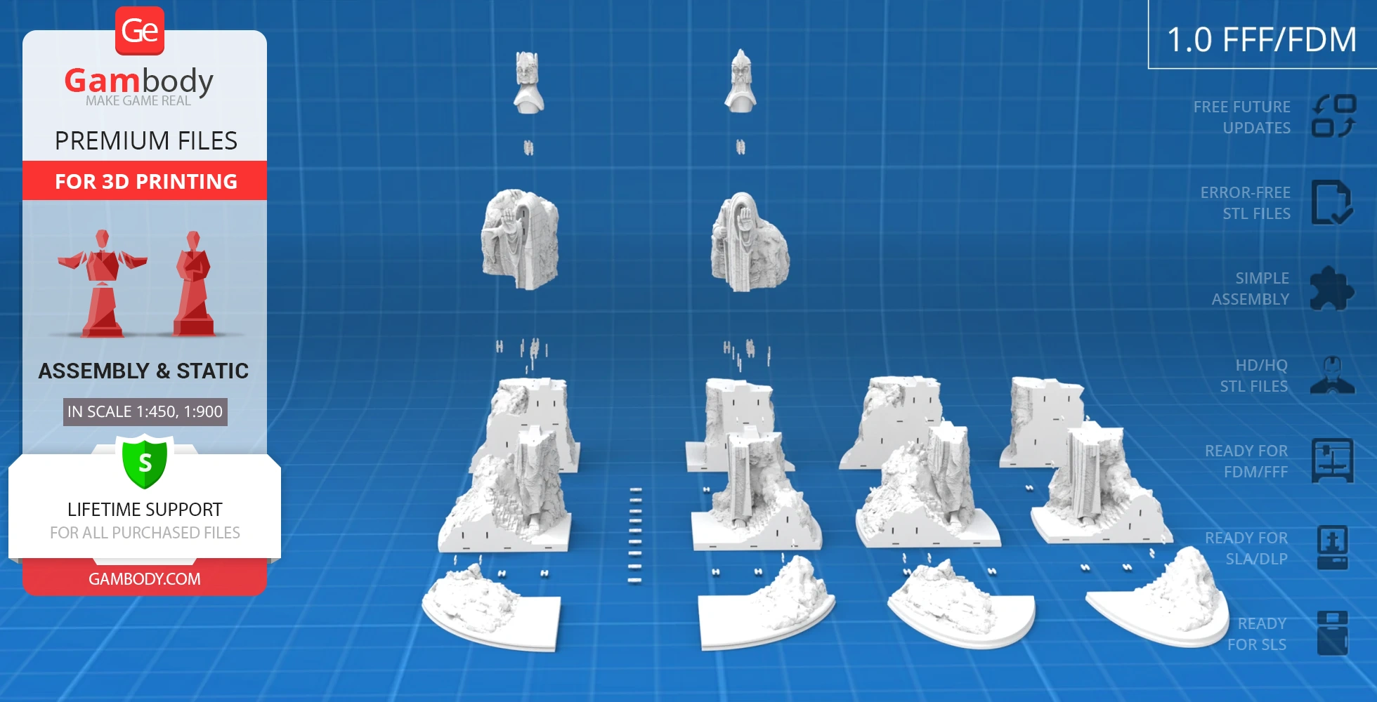 Detailed 3D Argonath model parts for assembly, set against a blue grid background for printing.