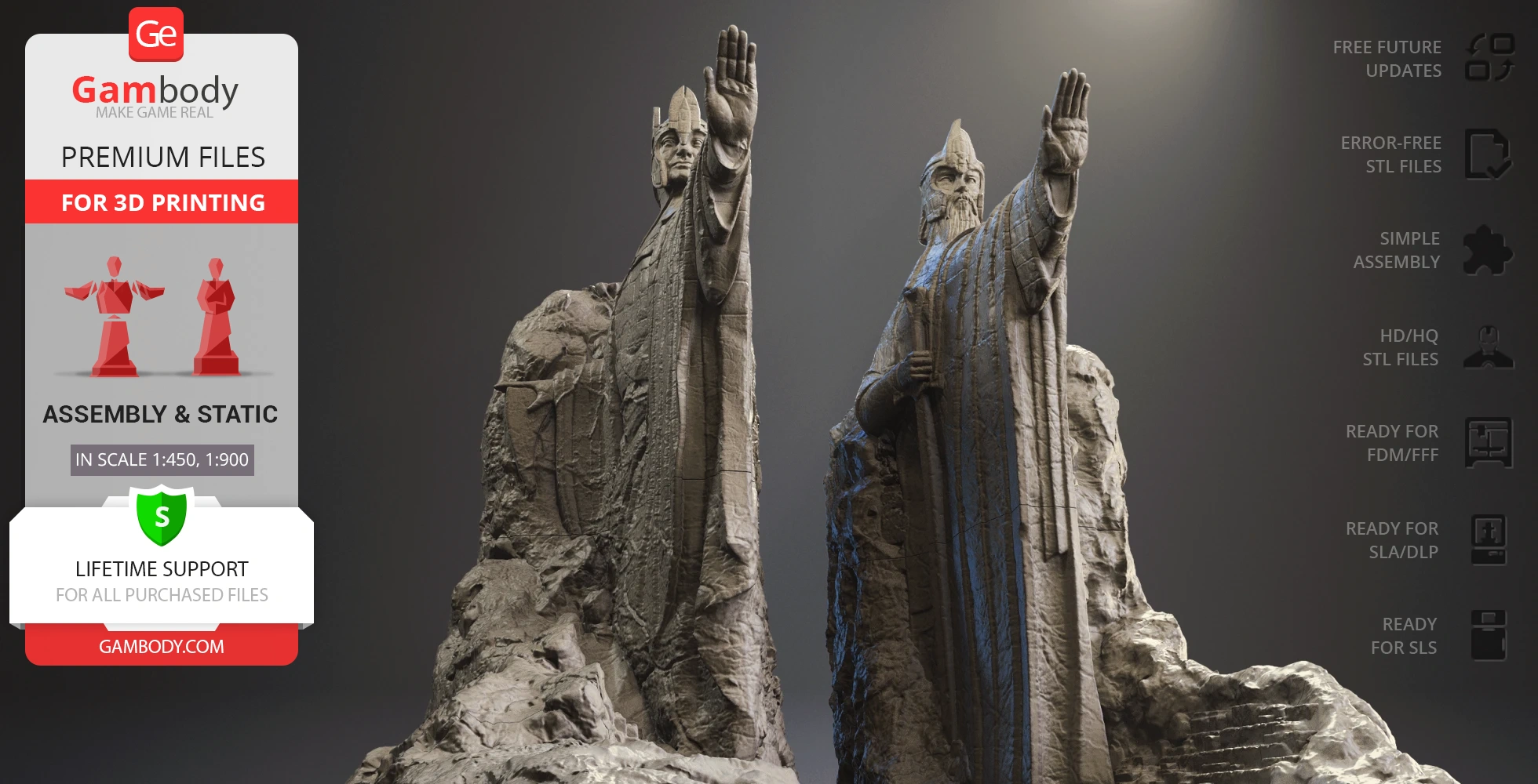 Two detailed stone statues from LOTR, suitable for 3D printing, depicted on rocky bases.