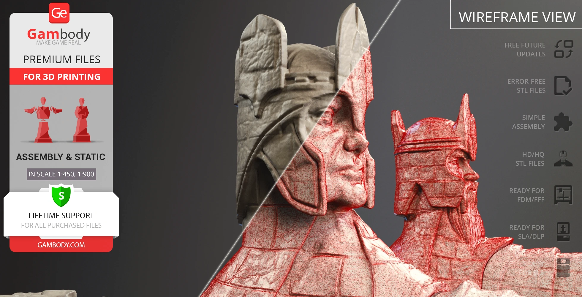 3D model of two majestic stone statues, Argonath, from Lord of the Rings with a wireframe view.