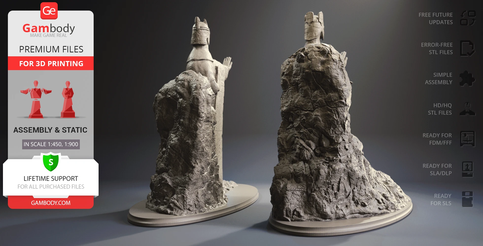3D printed models of the Argonath statues from LOTR, featuring detailed stone textures on large bases.