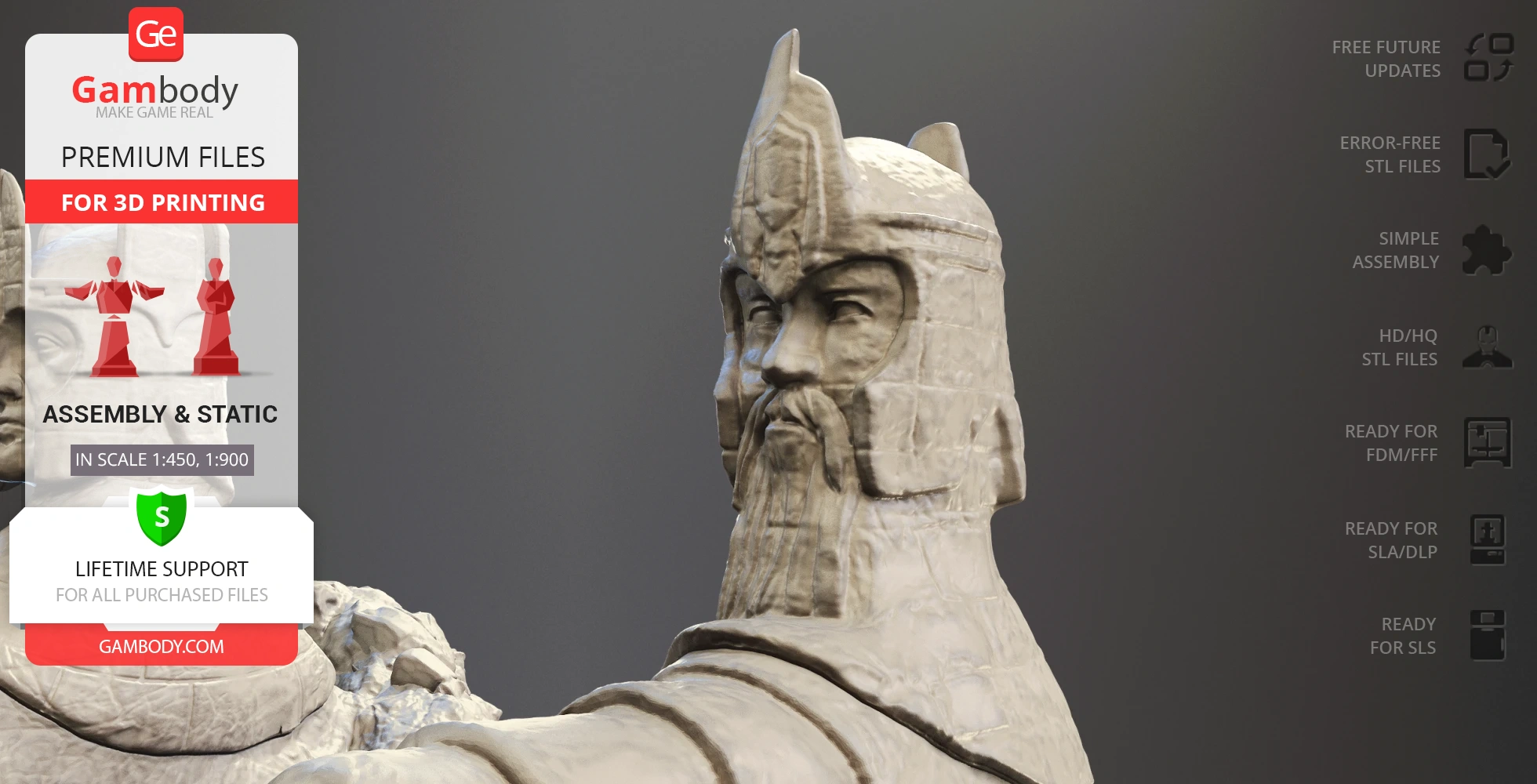 Stone statue model of a bearded man in armor, inspired by the Argonath from LOTR.
