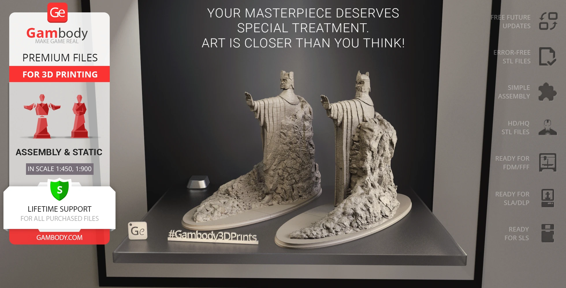 Two detailed Argonath statue models from LOTR, set on rocky bases for 3D printing.